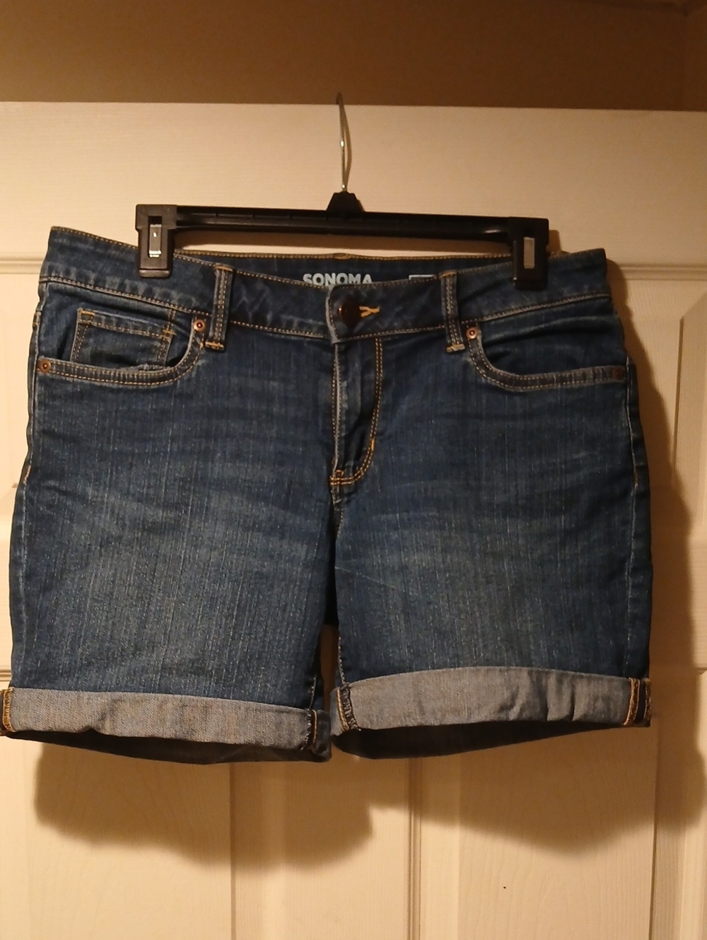 Sonoma Boyfriend Dark Blue Stretchy Denim Shorts with Branded Button